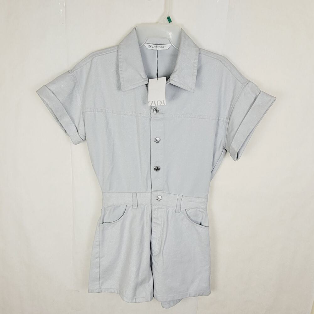 New Zara shimmer blue denim romper size XS futuristic glam retro